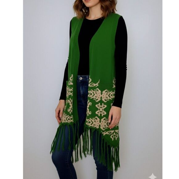 Boho Patterned Knit Fringe Sweater Vest Long Open-Front Maude Sz L Layer Hippie - Picture 1 of 9